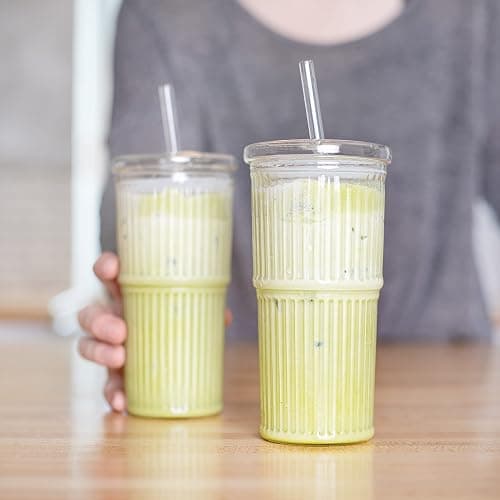 Birchland All Glass Iced Coffee Cup with Lid and Straw, Ribbed Glass Tumbler Set of 2 (22 oz ribbed) thumbnail 4