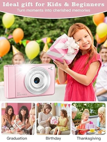 Upgrade Digital Camera, 56MP FHD 1080P for Kids with 16x Zoom Anti Shake, 32GB TF Card, Two Batteries, Lanyard, Compact Small for Boys Girls （Pink） thumbnail 7