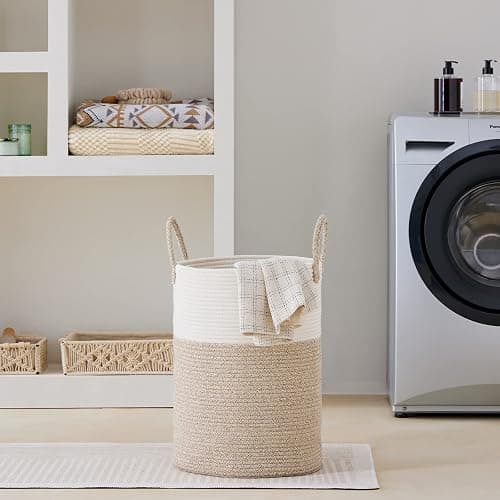 VIPOSCO Large Laundry Hamper, Tall Woven Rope Storage Basket for Blanket, Toys, Dirty Clothes in Living Room, Bathroom, Bedroom - 58L White & Brown thumbnail 7