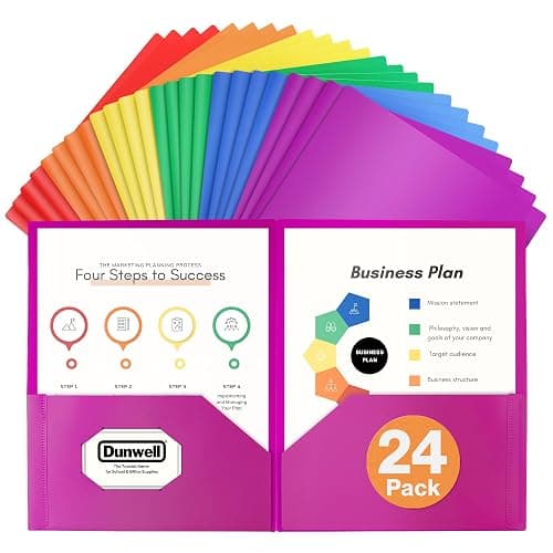 Dunwell Plastic 2-Pocket Folders (24 Pack, Assorted Colors), 8.5x11 Document Folders for School and Office, Heavy Duty Poly, Long Lasting, Includes Labels thumbnail 7