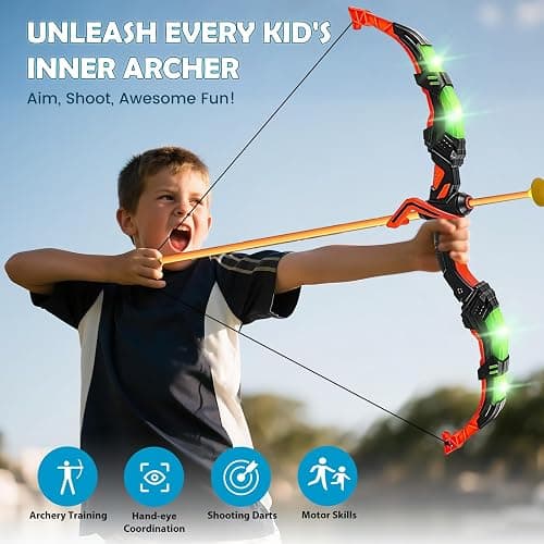 VATOS 2 Pack Bow and Arrow Toy with LED Light - 4 in 1 Archery & Dart Game Set with 20 Suction Cup Arrows, Shark Glow Target & Dart Board - Indoor/Outdoor Birthday Gift for Kids Boys Girls Ages 5-12 thumbnail 8