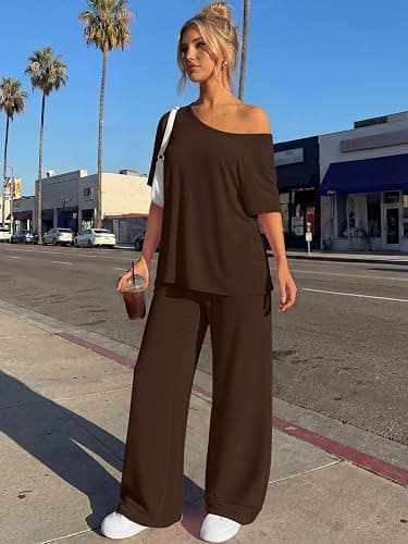 Trendy Queen Womens 2 Piece Lounge Sets Matching Comfy Outfits Clothing | Off Shoulder Oversized Tshirts & Wide Leg Pants Outfits thumbnail 3