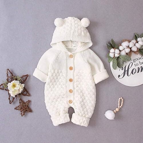 Odizli Neugeborene Baby Mädchen Jungen Kleidung Langarm Gestrickt Kapuze Strampler Body Herbst Winter Babykleidung - 0-6 Monate - Weiß thumbnail 2