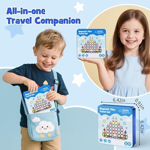 JSDKFJSA 60-Piece Mini Magnetic Tiles Set with Iron Box - Ideal Travel Puzzle Toys for Toddlers Aged 3-5, Montessori STEM Building Blocks, Educational Birthday Gift thumbnail 4