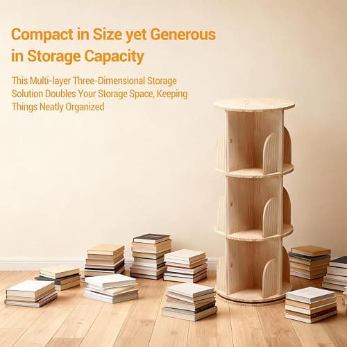 Bibliothèque rotative à 360 ° - En bois massif - Étagère sur pied - Multifonction - Étagère de rangement pour enfants et adultes - 3 étages - Diamètre : 39 cm - Hauteur : 98 cm thumbnail 4