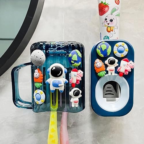 Automatic Toothpaste Dispenser & Toothpaste Holders and Wall Mounted Cup 3 Piece in a Set, is Wall Mounted for Bathroom,Toothpaste Squeezer for Kids & Family Shower by Mr. Thumbs(Navy Blue Set) - Image 1