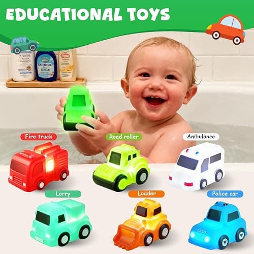 JoiTale Baby Bath Toys, 6 Pack Cars Light Up Bath Toys, No Hole No Mould Bathtub Toy for 1 2 3 Year Olds, Flashing LED Sensory Toy for Toddlers, Bath Time Shower Gifts for Boys and Girls thumbnail 6