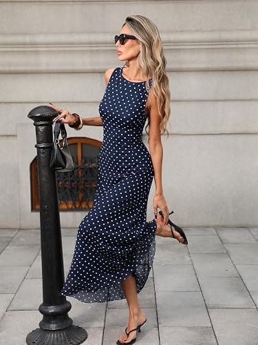 ELLEVEN Women’s Polka Dot Maxi Tank Dress, Sleeveless Boat Neck Bodycon Slim Fit Elegant Long Dress thumbnail 4