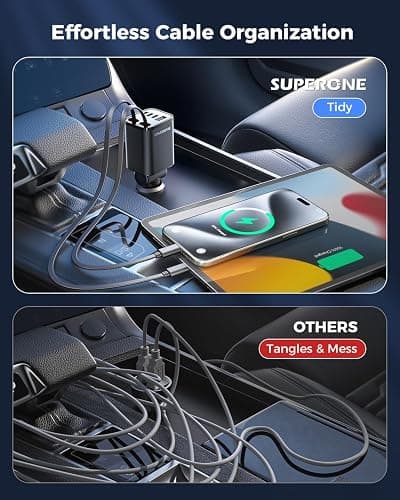 Retractable Car Charger, SUPERONE 99W Car Phone Charger with Cables Fast Charging, USB C Car Charger Adapter for iPhone 17 16 15 14 13 12, Samsung, Black thumbnail 2