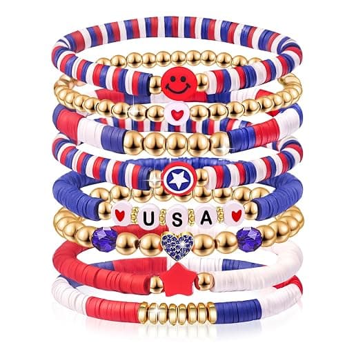 lakayfimily Independence Day Gifts for Women Men Teens Red White Blue Clay Beaded Stackable Stretch Bracelets USA Patriotic Jewelry 4th of July Accessories - Image 1
