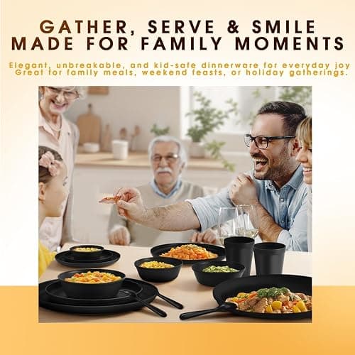 40 Piece Plastic Dinnerware Set for 8 with Cutlery, Unbreakable Plates and Bowls Set, Dishwasher & Microwave Safe Reusable Dish Set for Camping, RV, Outdoor Kitchen, Apartment Dining, Black thumbnail 6