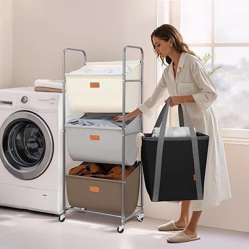 STORAGE MANIAC 120 Liters Vertical Rolling Laundry Hamper, 3 Section Laundry Sorter with Wheels and 2 Breaks, 3-tier Laundry Baskets for Small Space, Dorm, Laundry Room, Closet, Multicolored 3-tier thumbnail 8