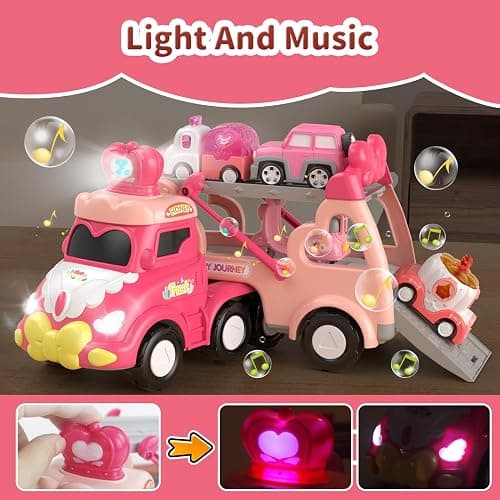Toddler Girl Truck Toys for 2 3 Year Old Girl Birthday Gifts, 7-in-1 Pink Princess Car Transport Carrier Trucks for Toddlers 2-4, Friction Power Toy Cars with Lights & Music, My daughter First Gift thumbnail 5