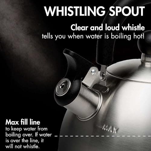 Primula Stewart Whistling Stovetop Tea Kettle Food Grade Stainless Steel, Hot Water Fast to Boil, Cool Touch Folding, 1.5-Quart, Brushed with Black Handle thumbnail 5