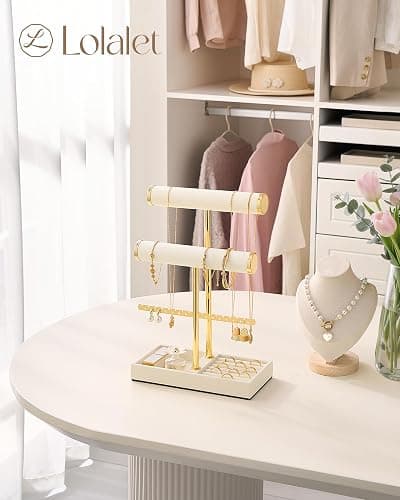 Lolalet 3 Tier Jewelry Stand Holder, Bracelet Necklace Display -Beige | PU Leather Hanging Jewelry Rack with Storage Tray, Ring Watch Bangle Earring Organizer, Gifts Dorm Room Decor for Women Girls thumbnail 2