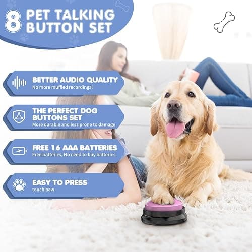 Dog Buttons for Communication,8 PCS 30s Recordable Voice Pet Training Button,with Training Manual Book+16 AAA Batteries+24 Scene Modes+1Dog Button Mat (Dog Buttons for Communication) thumbnail 2