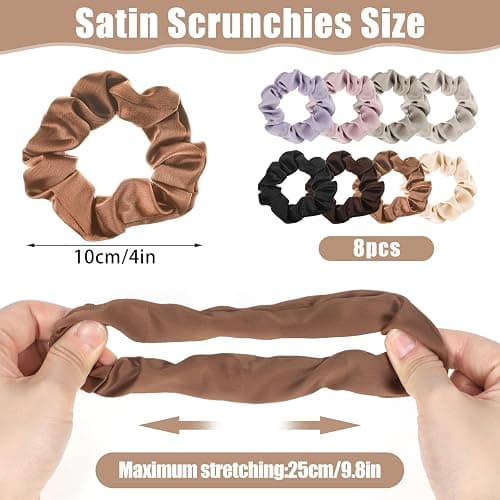 obeoby 8 Pack Satin Hair Scrunchies for Women, Silk Hair Ties, Neutral Hair Scrunchies for Women Girls, Gray - Brown series thumbnail 3