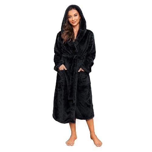 HEARTNICE Womens Hooded Fleece Robe, Thick Warm Plush Bathrobe for Women, Long Fluffy Comfy House Coat Long Fur Fleece - Image 1