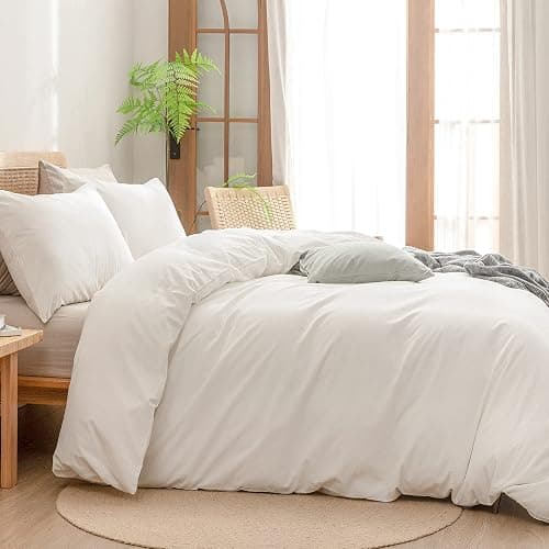 BESTOUCH Duvet Cover Set 100% Washed Cotton Linen Feel Super Soft Comfortable Chic Lightweight 3 PCs Home Bedding Set Solid Off White Queen thumbnail 3