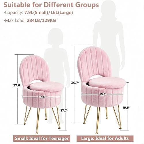 Garvee Vanity Stool Chair with Storage and Folding Back,Faux Fur,Pink,Small | Soft Ottoman,Modern Chairs for Makeup,Vanity Bench,Metal Legs,Adjustable Feet,for Living Room,Bedroom,Makeup Room thumbnail 2