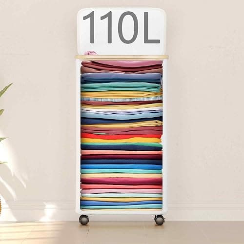 SUOCO Laundry Hamper on Wheels 100L, Clothes Basket with Lid and Bamboo Handles, Foldable Laundry Hamper for Bedroom, Bathroom, Dorm, Laundry Room - White thumbnail 5