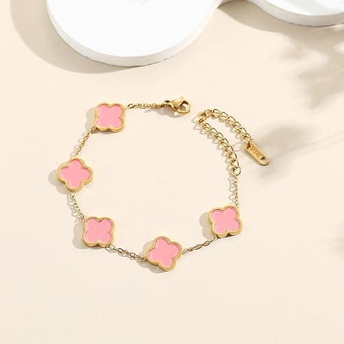 AIPPK 18K Gold Plated Clover Lucky Bracelet for Women White/Black/Red/Green Flower Four Leaf Link Bracelets Trendy Jewelry Gifts for Women thumbnail 6