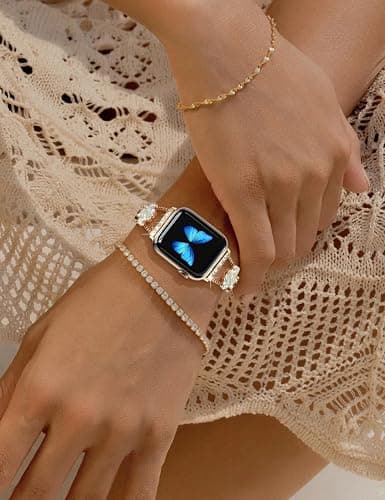 CTYBB Bling Diamond Band Compatible with Apple Watch Bands for Women 40mm 41mm 38mm 42mm Series 11 10 9 8 7 6 5 4 SE 3 2 1, Sparkle Metal Bracelet Wristband, Cute Lucky Clover Dressy iWatch Band,Gold/White thumbnail 5