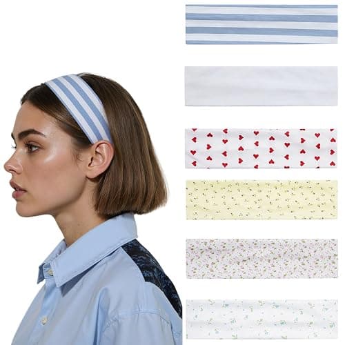Zupro 6 PCS Fashion Women's Headbands Girls' Holiday Hair Bands Short Hair Hair Accessories- Floral Heart Stripe Print Rustic Style Patterns - Non-Slip Stretchy Soft for Yoga, Fitness, Daily Use. thumbnail 9