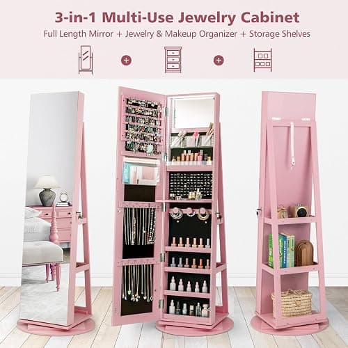 CHARMAID 360° Swivel Jewelry Armoire with Full Length Mirror, Rear Storage Shelves, Lockable Standing Jewelry Cabinet Organizer with Interior Vanity Mirror and 3-Color Lights (Pink) - Pink thumbnail 6
