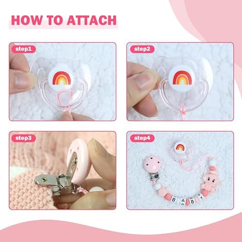 SCOM Reborn Baby Dolls Accessories Set - Rainbow Transparent Magnetic Pacifiers & Removable Reusable Baby Doll Bottles with Silicone Pacifier Clips for Reborn Dolls Girls, Pink Style, 3 Pcs thumbnail 6
