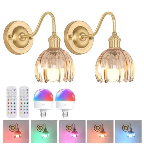 Shenmoyl Vintage Battery Operated Wall Sconce Set of 2, 5000mAh Rechargeable Wall Light, Indoor Battery Powered Wall Lamp for Bedside Bedroom Living Room, Tulip Amber - Image 1