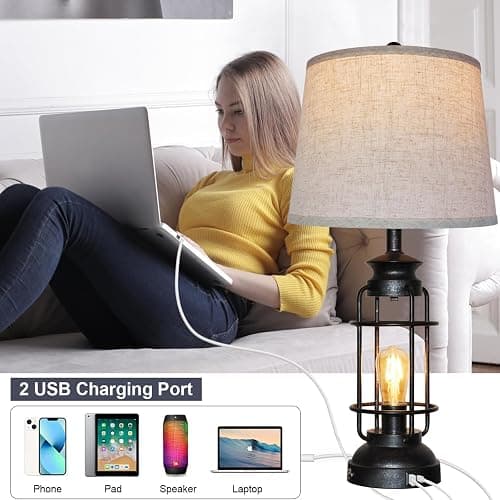 Table Lamps Set of 2 with USB Port 3 Way Dimmable Touch Lamps 28.5" Tall Rustic Industrial Living Room Lamps for Bedroom Bedside Office 4 Bulbs Included thumbnail 3