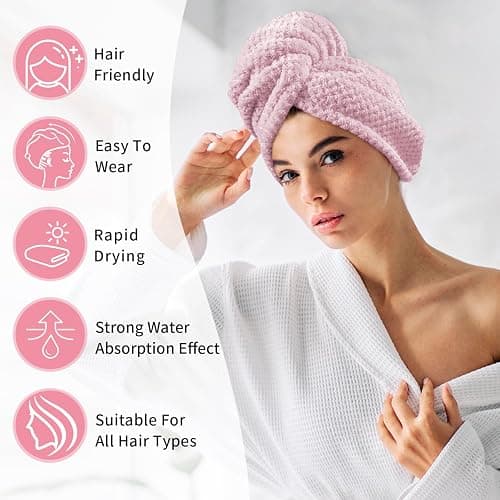 my novel things 3 Pack Microfiber Hair Towel Wrap for Curly Hair Women | 25.4" x 9.8" Super Absorbent Quick Dry with Button for Hair Anti Frizz, Gift for Women Girls (Pink,White,Purple) thumbnail 4