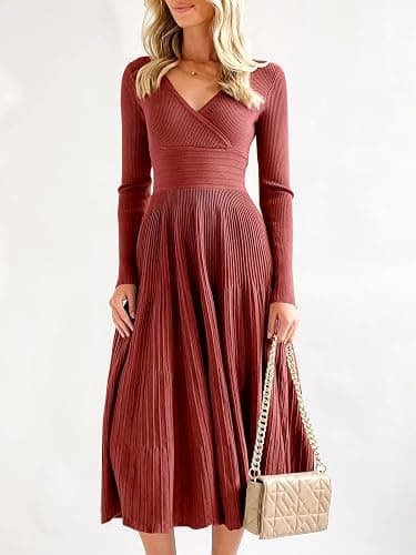 Saodimallsu Womens Long Sleeve Midi Sweater Dress Wrap V Neck Pleated A Line Fit Flare Elegant Knit Maxi Dress thumbnail 3