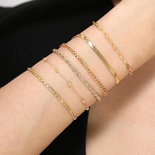 Lcuasc Gold Bracelets for Women Waterproof, 14K Real Gold Jewelry Sets for Women Trendy Thin Dainty Stackable Cuban Link Paperclip Chain Bracelet Pack Fashion Accessories Gifts for Womens thumbnail 5