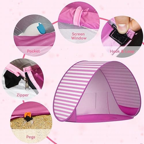 Baby Beach Tent with Pool, UPF 50+ Beach Sun Shelter Outdoor Tent for Aged 36 Months Baby and Kids, Parks and Beach Shade Portable Mini Pool Pink thumbnail 6