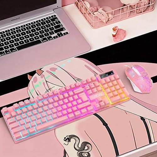CHONCHOW Pink Gaming Keyboard and Mouse Combo with LED, 104 Keys Wired Light Up Pink Keyboard and Cute Mouse Set for PC Laptop Computer PS4 Xbox, 19 Keys Anti-ghosting, Multimedia Keys, Number Pad thumbnail 8