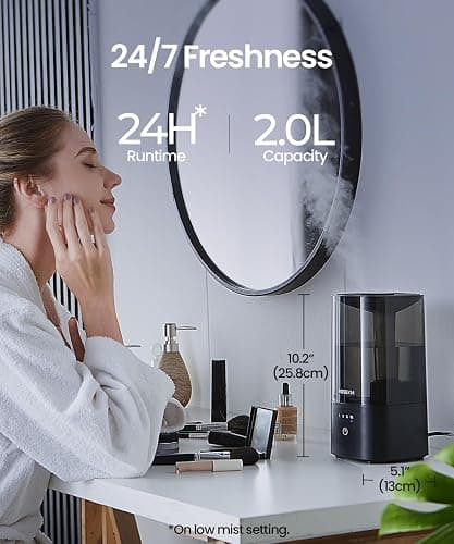ROSEKM Humidifiers for Bedroom, 2.0L Cool Mist Humidifier for Home Plant and Baby Nursery, Quiet Ultrasonic Humidifier with 360° Nozzle, Auto Shut-Off, Filterless, Black thumbnail 3