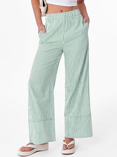 ANRABESS Womens Gingham Boxer Wide Leg Palazzo Lounge Pants | Checkered Plaid & Striped，Pajamas PJ Boxer Bottoms，Elastic Waist Trousers with Pockets，Casual Daily Home Wear, Fall Outfits thumbnail 3
