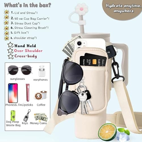 40 oz Tumbler with Handle Lid and Straw & 40 oz Tumbler Accessories - Vacuum Insulated Stainless Steel Double Wall Water Bottle with Strap Bag - Holiday Gifts for Women Men (Cream) - Cream thumbnail 7