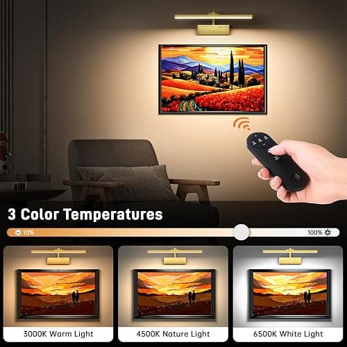Picture Light, 15.35inch Wireless Picture Lights for Wall Rechargeable, 5400mAh Battery Wall Light with Remote, 3 Color Art Lighting for Paintings with Timer and Dimmable for Display, Gallery (Gold) thumbnail 2
