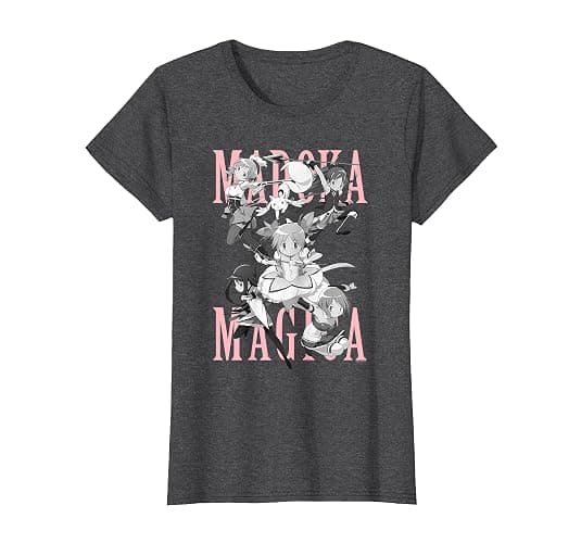 Madoka Magica Black and White Cast Action Pose Anime T-Shirt - Image 1