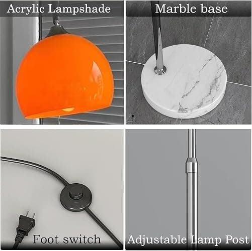 MIXL - Orange Arc Floor Lamp with Acrylic Shade,Arch Reading Lamp Floor Standing,Mid Century Modern Orange Standing Lamp for Living Room Bedroom thumbnail 6