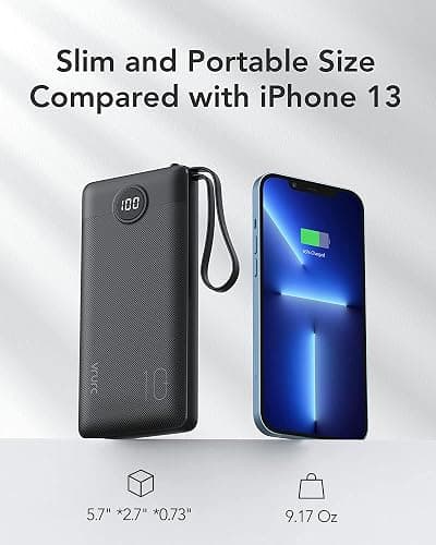 VRURC Portable Charger with Built in Cables, 10000mAh Travel Essentials Power Bank, 5 Output 2 Input LED Display External Battery Pack Compatible with iPhone,Samsung,Android-Black(1 Pack) - Black thumbnail 5