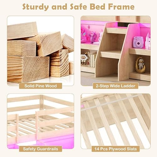 KOTEK Low Loft Bed with LED Lights, Twin Loft Bed with Storage Bookcase & Under-Bed Play Space, Stairs & Guardrails, Loft Bed Frame for Kids (Natural) thumbnail 6