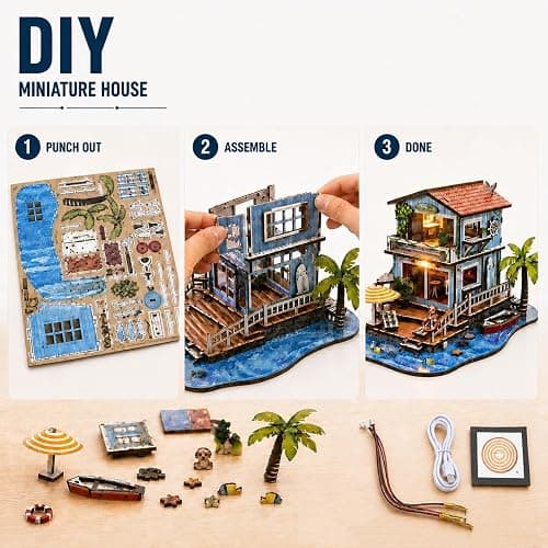 3D Wooden Puzzles for Adults, Seaside Cabin DIY Miniature House Kit with LED Light, Creative Booknook Kit, Ocean Theme Dollhouse Model Building Kit(244 pcs) thumbnail 3