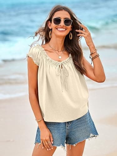 Tankaneo Women Summer Tie Front Tank Tops Cap Sleeve Pleated Babydoll Tops Casual Loose Fit Going Out Flowy Shirt thumbnail 6
