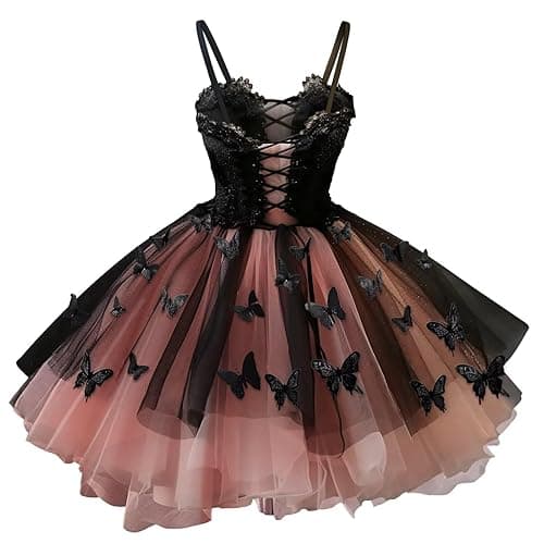 Mauuwy Gothic DAMA Dresses for Teens Black Tulle Short Prom Dress 3D Butterfly Homecoming Dresses for Girls - Pink - 14 thumbnail 2