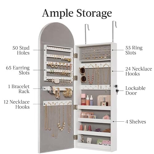 Best Choice Products Arch Mirror Jewelry Cabinet, Jewelry Storage Organizer, Armoire, Lockable Wall or Door Mountable, Full-Length Mirror - Silver thumbnail 8