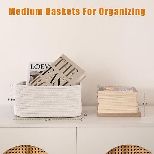 OIAHOMY 4 Pack Storage Baskets for Organizing, Small Bins for Shelves, Cute Decorative Storage Bins, Organizer Baskets for Gifts Empty,13''Lx8.7''Wx5.1''H, White thumbnail 3